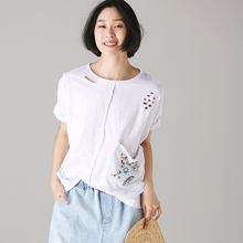 米可可T8350 文艺大码圆领破洞绣花宽松落肩袖白T恤女 2018夏图片