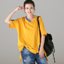米可可T8838 文艺大码V领拼色贴布绑带破洞薄短袖T恤女 2018夏图片