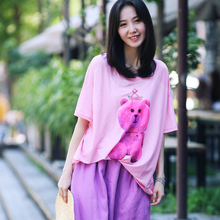 米可可T6595文艺大码圆领卡通印花镶钻薄款短袖大T恤女 2018夏图片