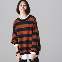 米可可 R5885 文艺大码条纹拼接纯棉圆领长袖假2件卫衣女 18秋图片