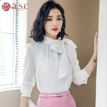 艾尚臣2018秋装女士长袖时尚圆领蝴蝶结气质白色ol职业装衬衫衬衣图片