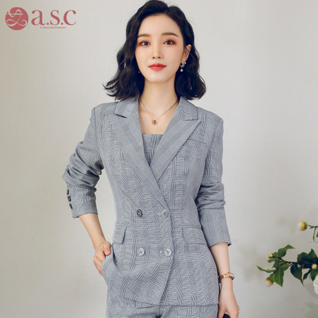 艾尚臣2018新款职业装时尚气质西装格子外套女修身正装工服秋冬款商品大图