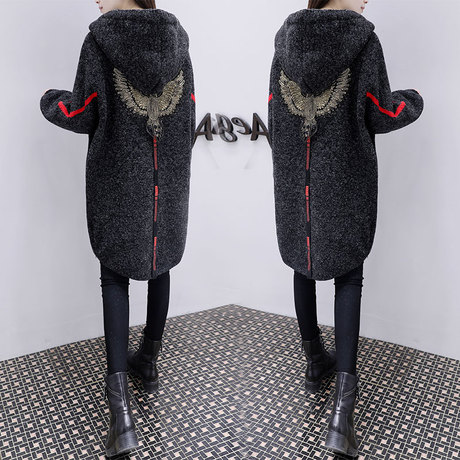 欧洲站韩版新款女装中长款显瘦加厚连帽毛针织衫开衫外套毛衣潮商品大图