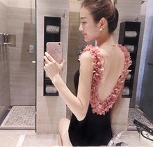 沐浪花瓣性感露背网红同款 小胸聚拢三件连体显瘦温泉度假游泳衣女