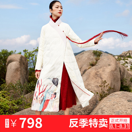反季清仓中国民族风女装中式立领加长款过膝羽绒服18冬季印花外套商品大图