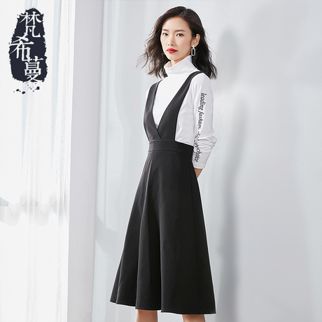 梵希蔓背带裙女2018新款秋装黑色连衣裙v领复古百搭A字款中长裙女商品大图
