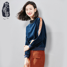 梵希蔓金丝绒卫衣女长袖秋冬套头撞色字母织带时尚半高领宽松上衣图片