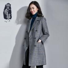 梵希蔓韩版格子长款呢子外套2018冬装中长款大衣女英伦双排扣开衫图片
