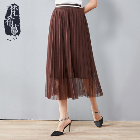 梵希蔓半身裙秋女2018新款高腰显瘦中长裙A字裙女网纱优雅百褶裙商品大图