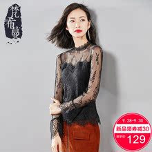 梵希蔓黑色蕾丝衫女长袖2018秋装新款喇叭袖立领透视装镂空上衣女图片