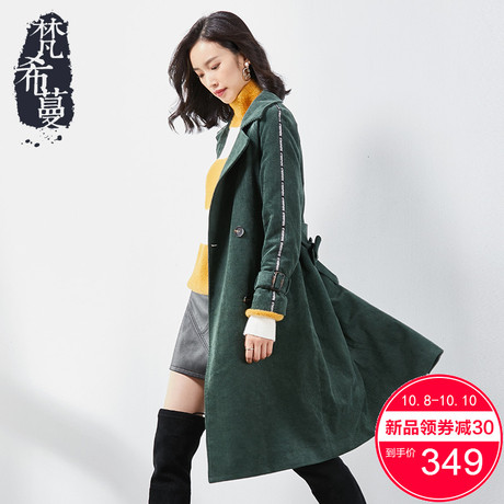 梵希蔓灯芯绒风衣女中长款2018秋冬新款韩版翻领双排扣长袖外套女商品大图