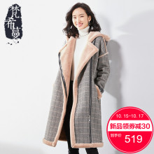 梵希蔓毛呢外套女中长款加绒加厚保暖2018冬格子复古连帽呢子大衣图片