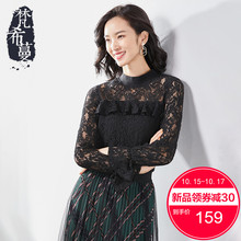 梵希蔓蕾丝打底衫女长袖2018新款秋冬黑色优雅性感透视网纱上衣女图片
