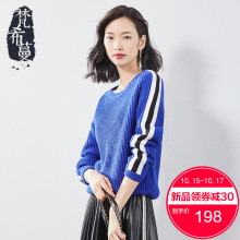 梵希蔓套头针织衫女长袖2018冬季撞色条纹圆领宽松毛线衣加厚毛衣图片