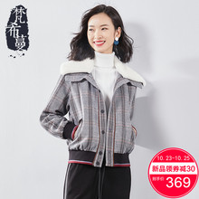 梵希蔓冬天外套女短款2018新款复古格纹加绒翻领长袖保暖毛呢外套图片