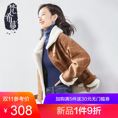 梵希蔓2018流行外套女冬季新款复古格纹绒毛翻领保暖短款毛呢外套商品大图