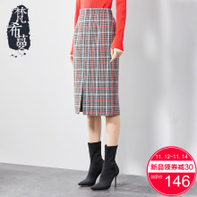 梵希蔓毛呢半身裙女秋冬2018新款中长裙复古千鸟格高腰显瘦包臀裙图片