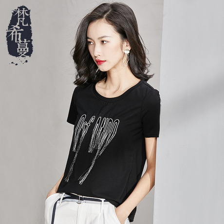 梵希蔓黑色t恤女夏装2018新款短袖个性字母流苏圆领韩版打底衫女商品大图