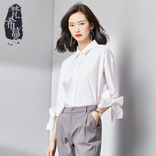 梵希蔓职业白色蝴蝶结袖衬衫2018秋季新款女装韩版短款七分袖衬衣图片