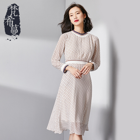 梵希蔓波点复古连衣裙2018秋季新款女装韩版长袖中长款a型雪纺裙商品大图