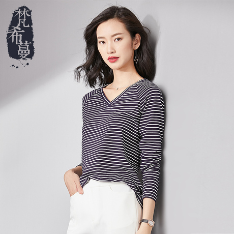梵希蔓2018秋季新款女装韩版文艺小v领条纹长袖打底衫短款恤上衣商品大图