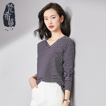 梵希蔓2018秋季新款女装韩版文艺小v领条纹长袖打底衫短款恤上衣图片