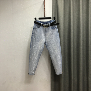 欧货重工烫钻牛仔裤女宽松哈伦裤2019春夏浅蓝色薄款小脚垮裤九分