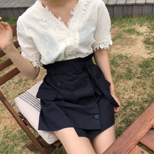 套装 刺绣花朵V领衬衫 韩国chic排口腰带花苞半裙