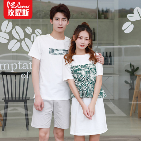 玫提斯情侣装夏装套装新款ins超火的情侣款短袖T恤女裙子两件套商品大图