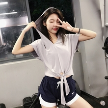 跑步短袖 健身服速干瑜伽T恤夏 annerun打结运动上衣女宽松露脐短款
