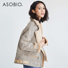 asobio女装 2018冬季新款女士韩版羊羔绒短款翻领落肩袖夹克外套图片