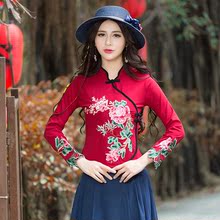刺绣花t恤女修身 打底衫 T恤女上衣盘扣长袖 口女装 加厚 中国风春装