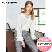 红袖女装2018秋装新款韩版纯色翻领落肩喇叭长袖雪纺衫上衣女图片
