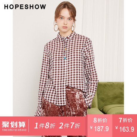 红袖秋季2018新款女装韩版格子刺绣流苏单排扣翻领长袖衬衫上衣女商品大图