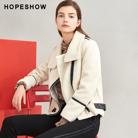 hopeshow皮草红袖冬季2018新款女装机车风羊羔毛外套长袖短款皮草商品大图