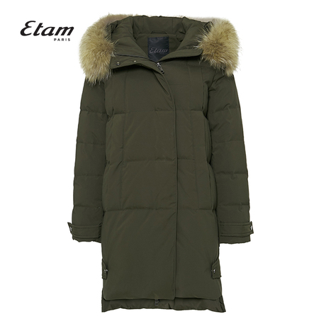 艾格Etam2018冬季新款女纯色毛领连帽中长款羽绒服8E013503834商品大图