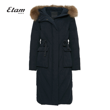 艾格Etam2018冬季新款女纯色毛领连帽中长款羽绒服8E013505540商品大图