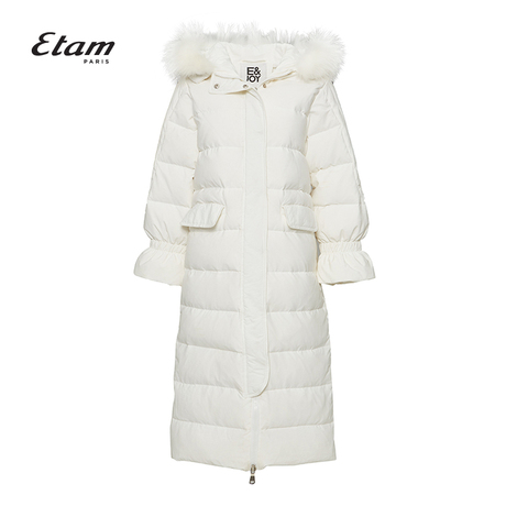 艾格Etam2018冬季新款女纯色毛领连帽中长款羽绒服8E203500986商品大图