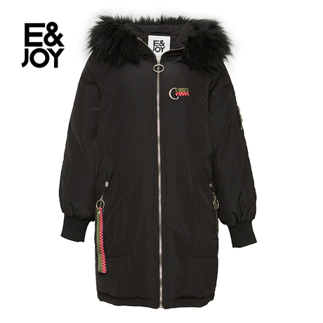 艾格E&joy2018冬季新款女印花毛领连帽中长款羽绒服8E083500795商品大图