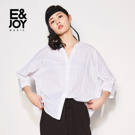 艾格basic女时尚纯色V领七分袖套头衬衫8E2014005商品大图