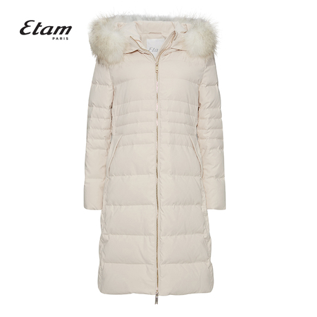 艾格Etam2018冬季新款女纯色毛领连帽中长款羽绒服8E013503981商品大图