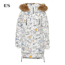艾格ES2018冬季新款女可爱印花毛领连帽中长款羽绒服8E033506786图片