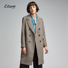 艾格Etam2018冬季新款女翻领英式格子中长款大衣外套8E013416799图片