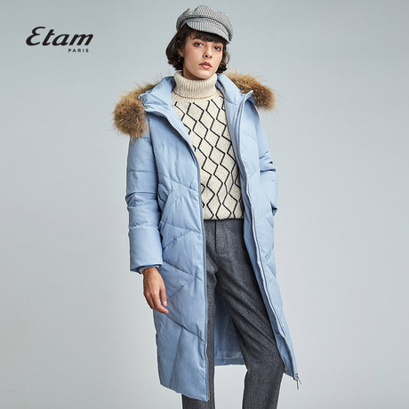 艾格Etam2018冬季新款女纯色毛领连帽中长款羽绒服8E013504347商品大图