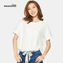 艾格Weekend夏季学院风蝴蝶系带条纹短袖圆领T恤女17022834786图片