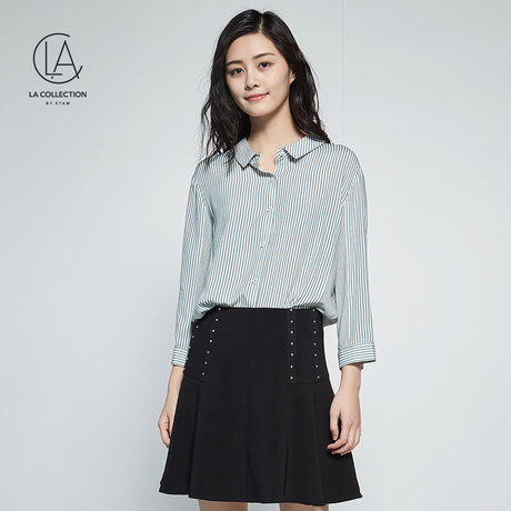 艾格LA女长袖翻领简约竖纹衬衫8E0114025商品大图