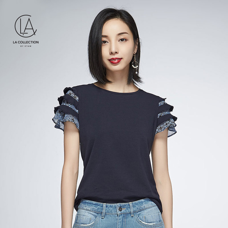 艾格LA纯色修身短袖T恤女8E012808140商品大图