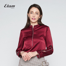 艾格Etam2018新款纯色丝绒圆领长袖衬衫女8E011400509图片