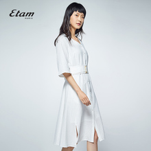 艾格Etam中长款纯色V领七分袖连衣裙8E012204786图片