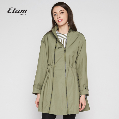艾格Etam2018新款简约纯色不规则中长款风衣外套女8E013401234商品大图